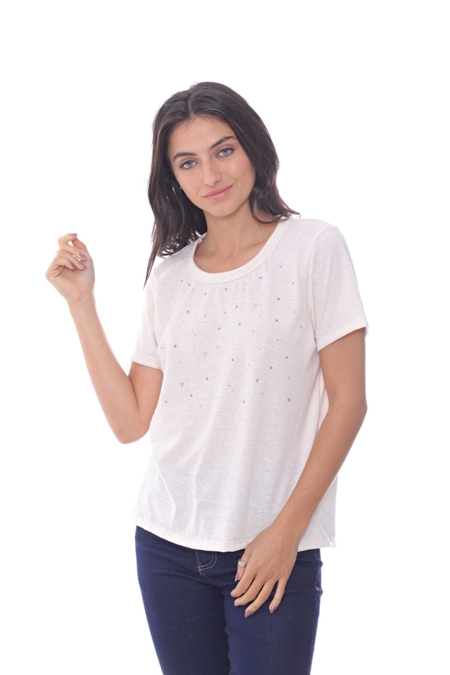 REMERA MC PEPITAS ESCOTE REDONDO CON APLIQUES DE STRASS COLOR BEIGE