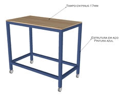 Mesa bancada industrial 110 x 60 x 90cm azul e pinus com rodas - comprar online