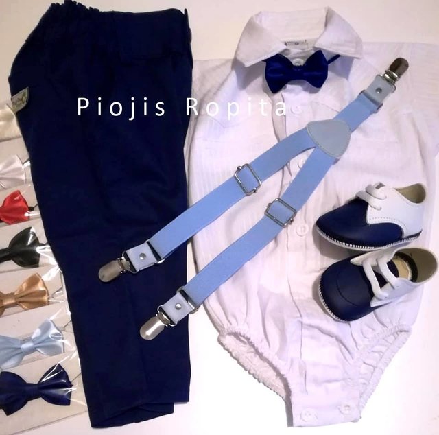 Traje 4P bautismo casamiento pantalon de vestir chupin azul mono tiradores celestes y zapatos