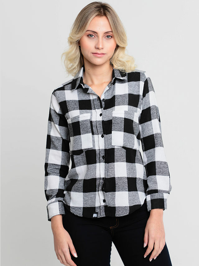 Camisa Xadrez Branca Casual Feminina Comprido Quadriculada Manga Longa