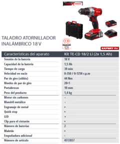 Taladro Atornillador a Batería Einhell TE-CD 18/2 Li KIT Con Maletín en internet