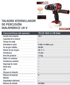 Taladro Percutor Atornillador a Batería Einhell TE-CD 18 Li-i BL Brushless 18v Sin Bateria - comprar online