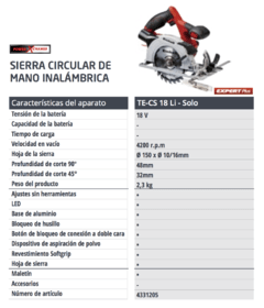 Sierra Circular Inalambrica a Bateria Einhell TE-CS 18 Li 18v - comprar online