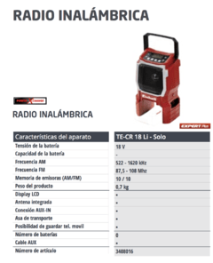 Radio a Bateria Einhell TE-CR 18 Li AM/FM Conexión Auxiliar en internet