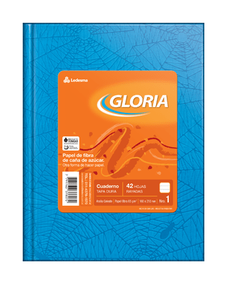 CUADERNO TAPA DURA 16X21 GLORIA FORRADO CELESTE 42 HOJAS RAYA, 65G/M2 - C: 100929