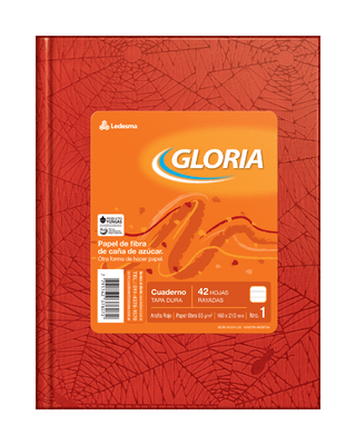 CUADERNO TAPA DURA 16X21 GLORIA FORRADO ROJO 42 HOJAS RAYA, 65G/M2 - C: 100936