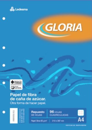 REPUESTO ESCOLAR A4 GLORIA 96 HOJAS CUADRO, 65G/M2 - C: 102596