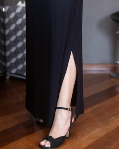 Vestido Gola Alta Malha Longo Preto Básico Fenda Lateral Fem - Loja Tá na Click