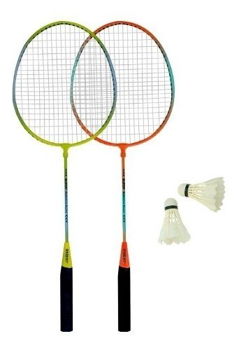 Set de bádminton para niños con 2 raquetas, una pelota y una pluma.