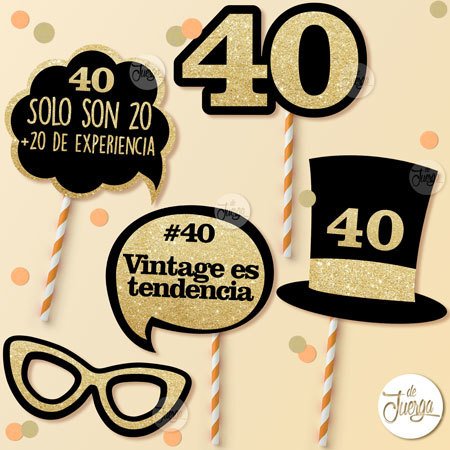 Photo Booth 40 Años Imprimible Cumple Props Glitter