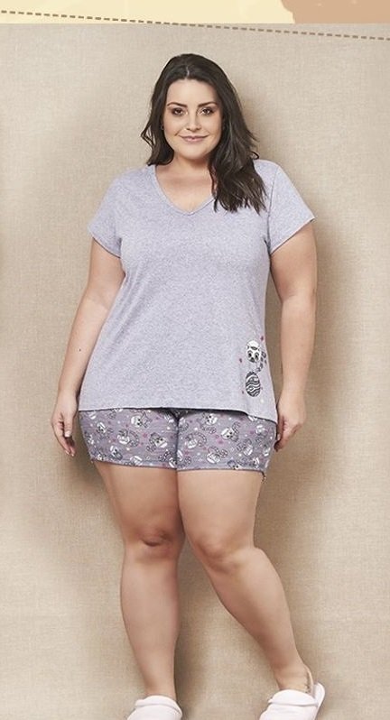 Pijama Feminino Plus Size Curto em Mesca de Algodão