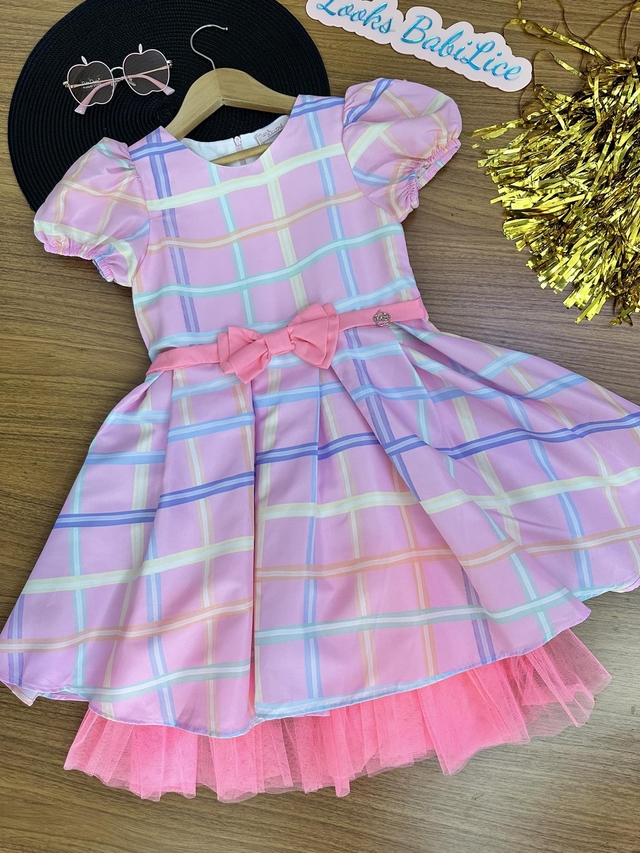 Vestido Infantil com Um Ombro Só e Abertura Xadrez Mon Sucré na