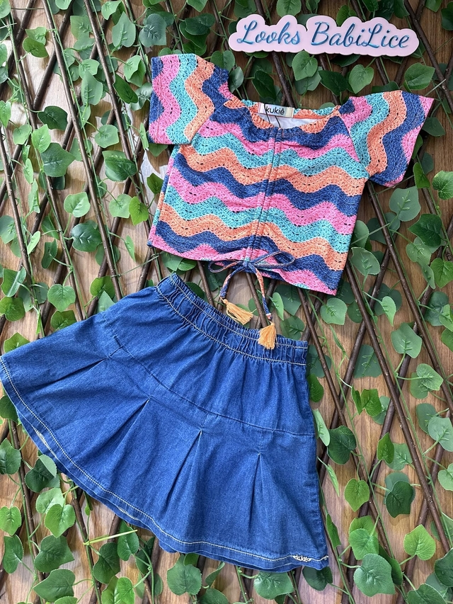 Conjunto Curto Infantil Menina com Saia Jeans TRICÔ 3D - Kukie