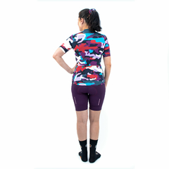 Camisa de Ciclismo Feminina Márcio May Funny Colorfull Camouflaged Foto com Modelo Costas