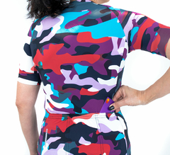 Camisa de Ciclismo Feminina Márcio May Funny Colorfull Camouflaged Foto com Modelo Costas