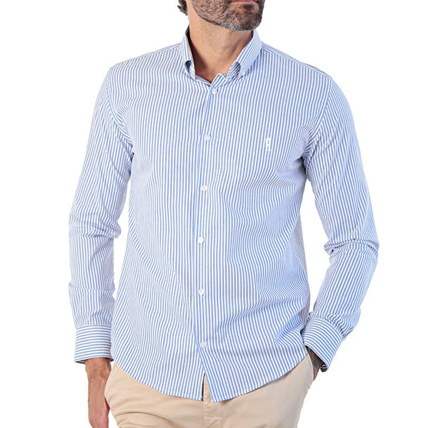 Camisa Manga Longa Social Masculina Slim Fit Listras Azul e Branco LS512104