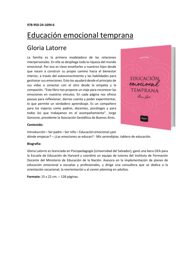 Educación Emocional Temprana - Gloria Latorre - comprar online