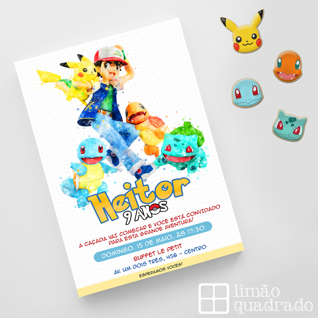 Convite de Aniversário Pokémon - Pokémon Invitation - Limão Quadra