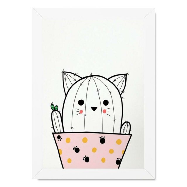 Quadro infantil desenho cacto gato pb - Conspecto