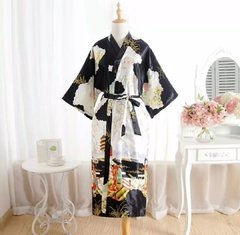 Kimono De Poliéster Longo Preto Estampa Gueixa * na internet