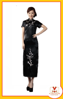 Vestido Oriental Longo Preto Flor De Cerejeira