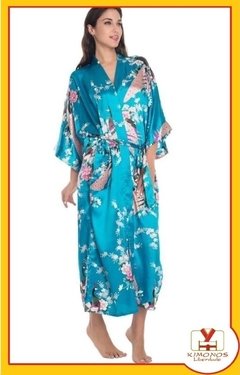 Kimono De Cetim Longo Azul Turquesa Estampa De Pavão - comprar online