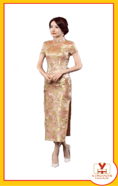 Vestido Oriental Longo Rosa Flor Da Fortuna - Kimonos Liberdade