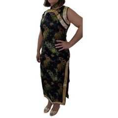 Vestido Longo Oriental Preto Estampa Flores * - loja online
