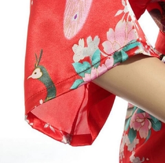 Kimono De Cetim Longo Vermelho Estampa De Pavão * - loja online