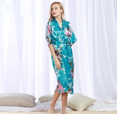 Kimono De Cetim Longo Azul Turquesa Estampa De Pavão