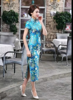 Vestido Oriental Longo Azul Flor Da Fortuna - comprar online