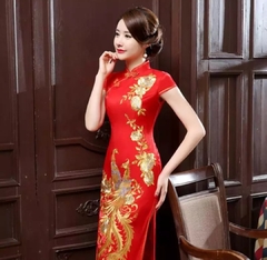 Vestido Oriental Longo Com Estampa De Fênix - Vermelho * - comprar online
