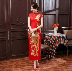 Vestido Oriental Longo Com Estampa De Fênix - Vermelho *