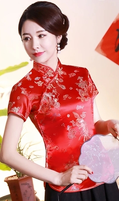 Blusa Chinesa Com Estampa Dragão E Fênix - Vermelha *