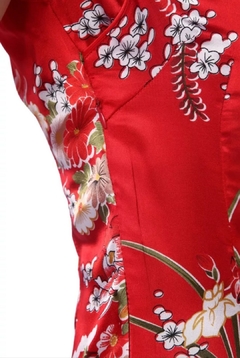 Vestido Curto De Cetim Fino Com Flores Fortuna - Vermelho - Kimonos Liberdade