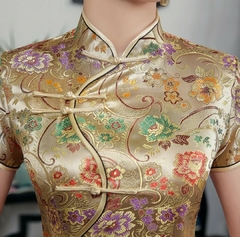 Vestido Longo (ou Qipao) Com Estampa Imperial - Dourado - Kimonos Liberdade