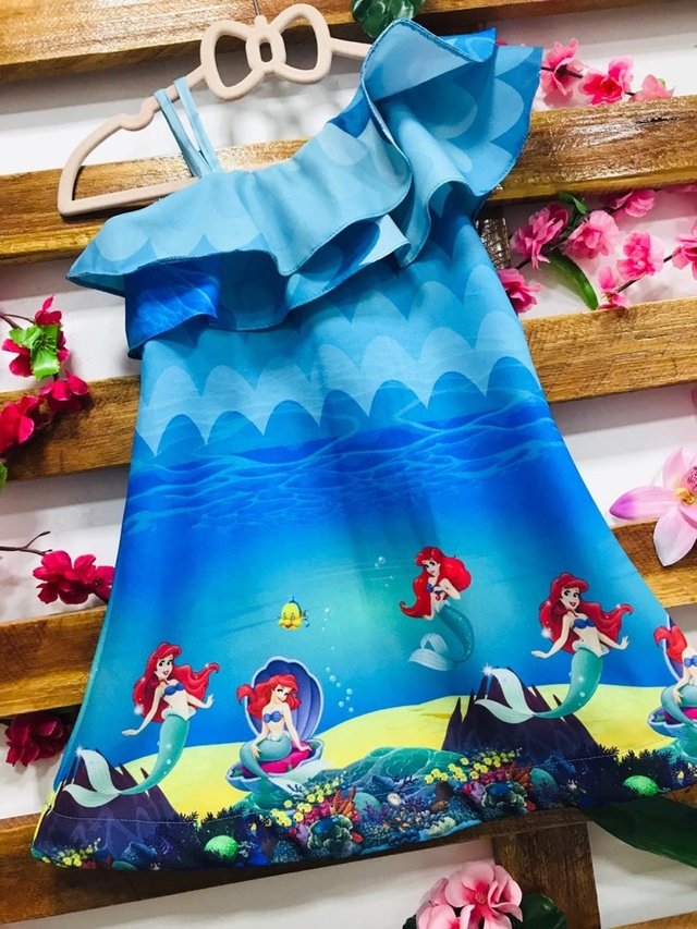 Vestido Ariel Pequena Sereia Azul babado infantil