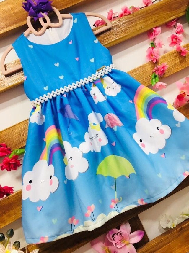 Vestido Nuvem chuva de amor azul escuro pérolas infantil