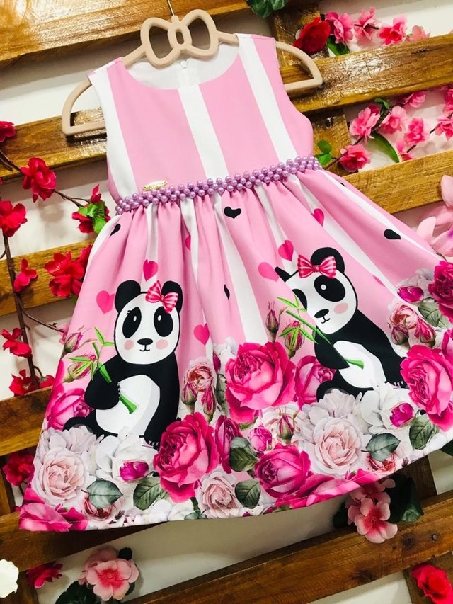 Vestido panda rosa listra rosa e branca pérolas infantil