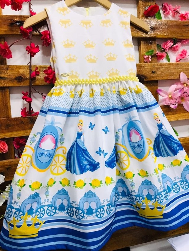 Vestido festa infantil da Cinderela azul com detalhes amarelo