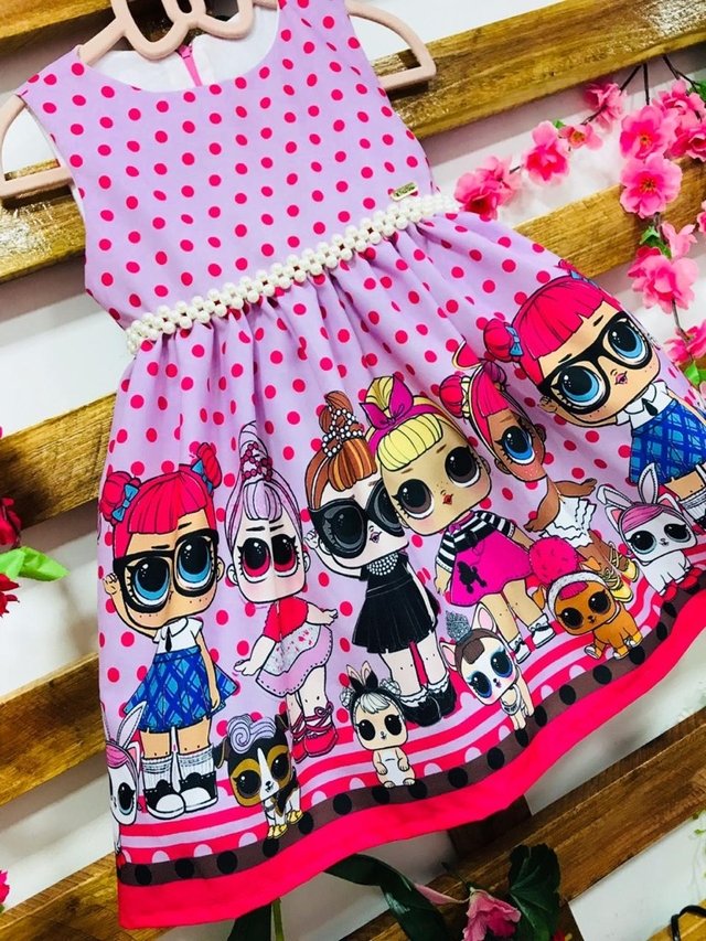 Vestido lol roxo poa rosa p rolas infantil