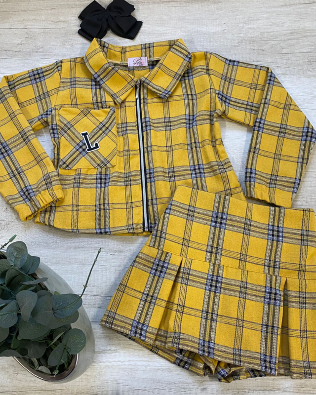 Conjunto feminino xadrez preto e branco amarelo e vermelho | vintage |  tumblr | gringa | saia | cropped