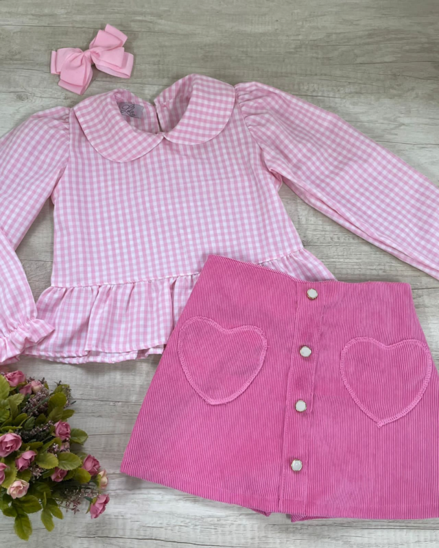 Conjunto Bebê Menina Blusa Xadrez e Shorts Azul e Rosa