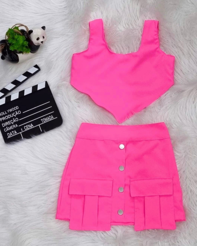 Conjunto Infantil Barbie Girl Blusa e Saia com Paetês Roupa da