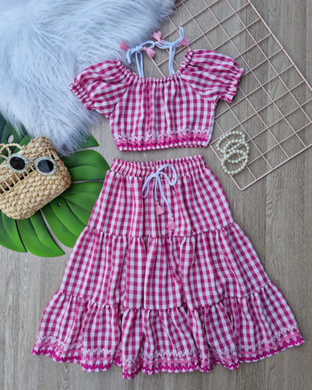 Conjunto Romper Flora Xadrez Rosa - TRÉSS KIDS