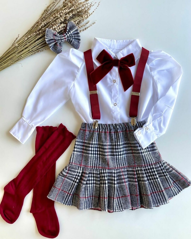 Conjunto Infantil Menina Estilo Europeu Camisa Branca e Saia Xadrez