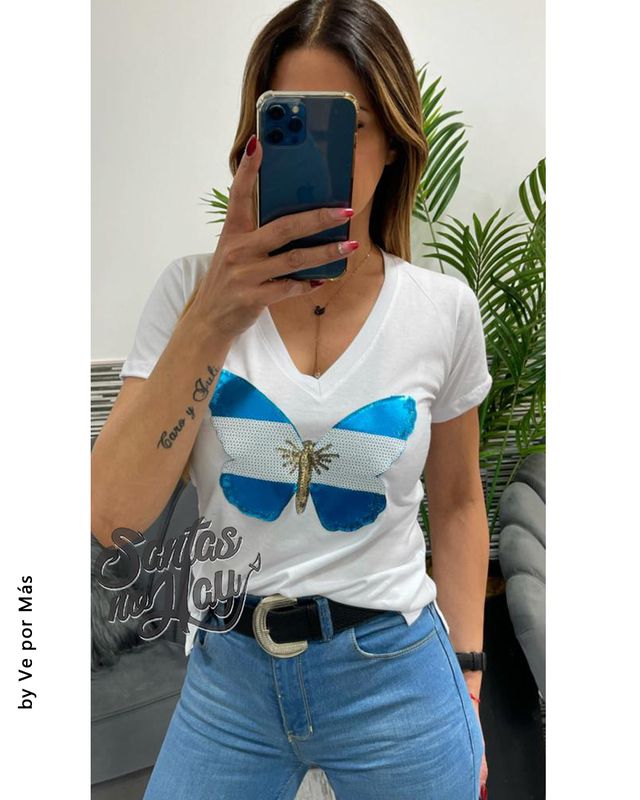 Remera en algod n peinado premium aplique Argentina mariposa