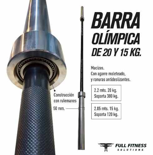 BARRA OLIMPICA NEGRA 2,20 MTS 20 KG CON RULEMANES Y TOPES