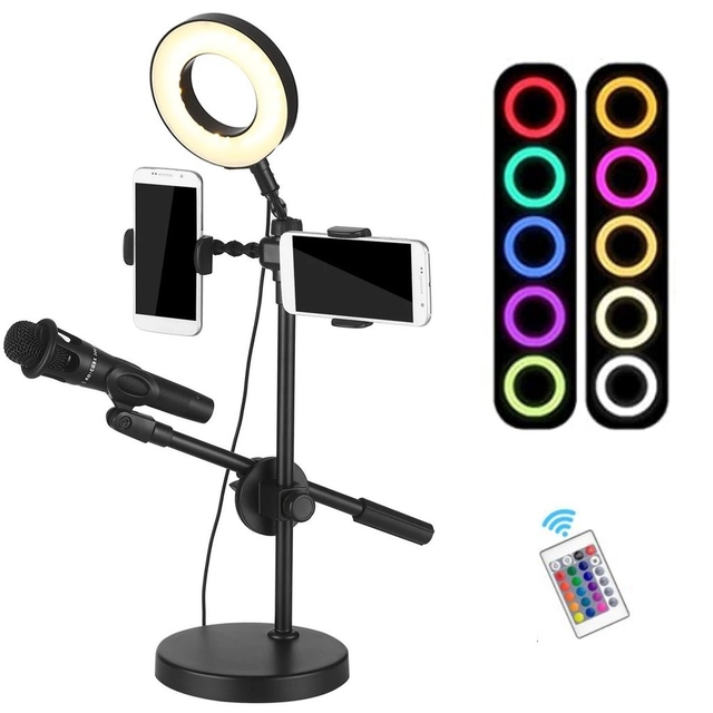 Aro Luz Led Selfie Foto Soporte Celular Microfono 3 En 1