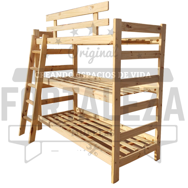 Cucheta ALTA de madera de pino TRIPLE con escalera y baranda